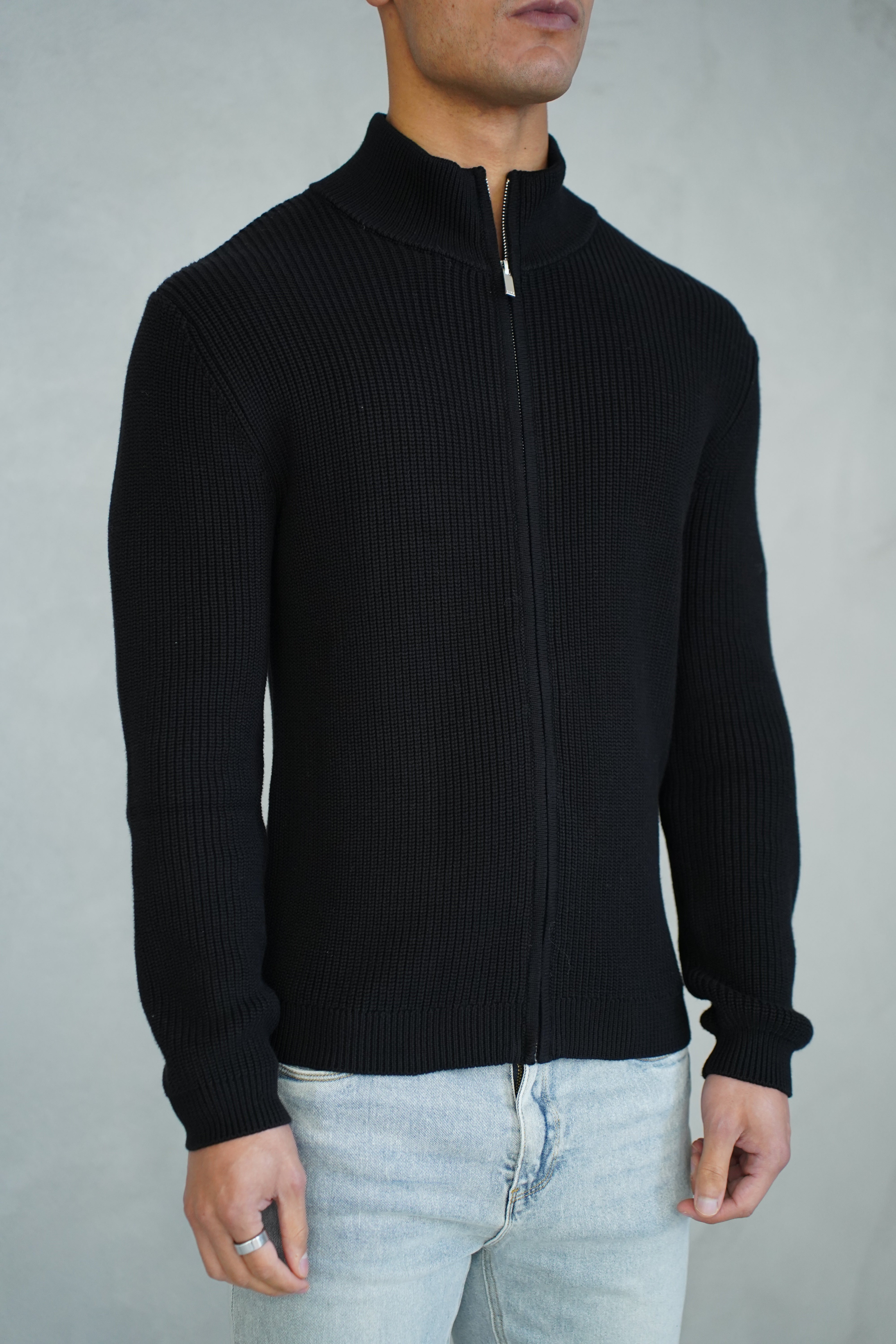 Capo Ribbed Full Zip Jumper - Black