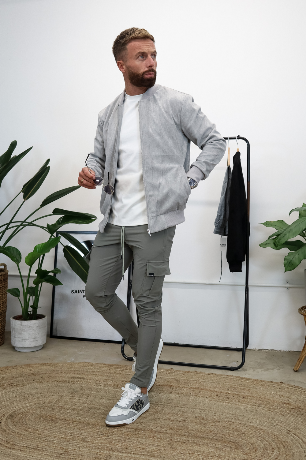 Grey bomber jacket outfit 2025 mens