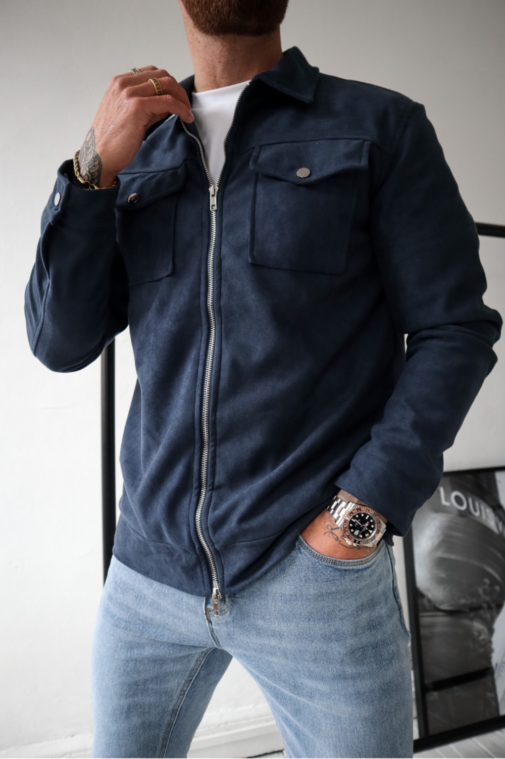 Dark blue 2025 suede jacket mens